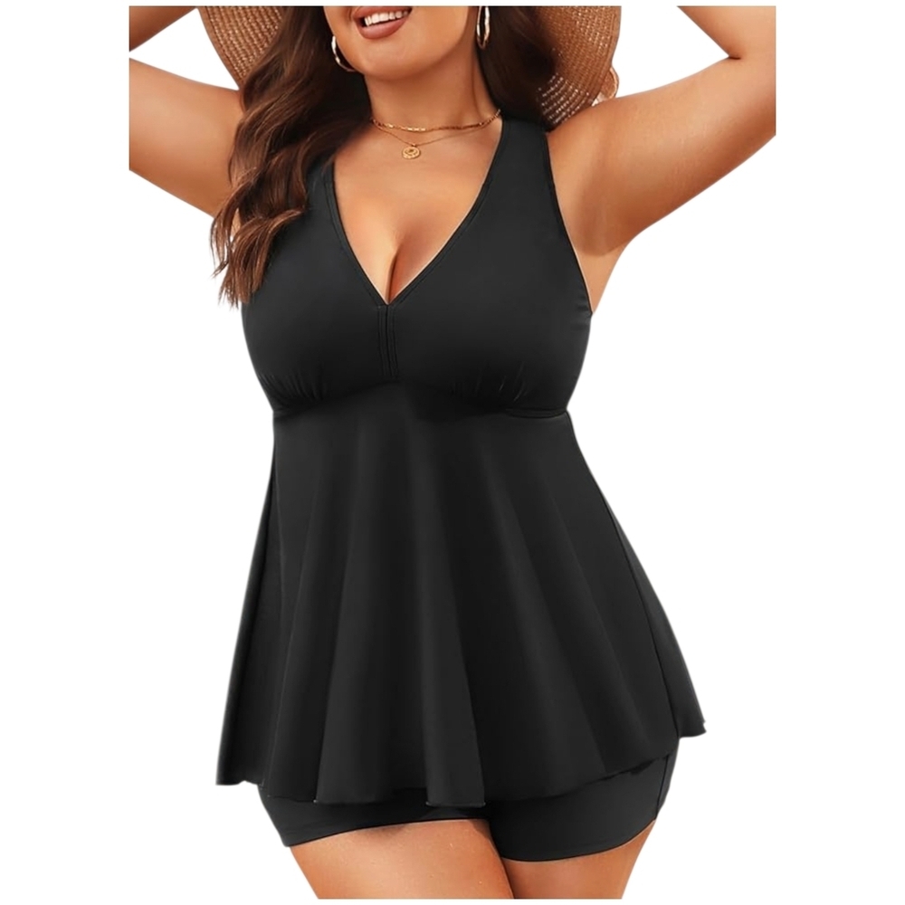 AQUA EVE - 22W Black V-Neck Tankini  2 Piece Swimsuit